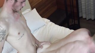 Buff and blond Scott Bisset is used as a bottom for skinny twink Spencer Daley