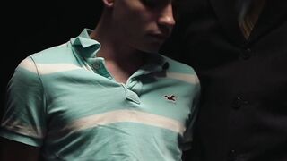 Suited Eli Bennet shoots a massive load in a passionate cock jerking session with sui