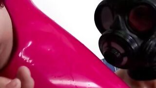 Busty girl in latex with blonde pigtails facialized by dom