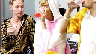 Onesie sleepover party turns to wild threesome fucking