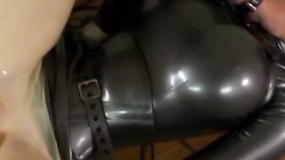 Busty babe in full latex suit facialized after pussy fucking