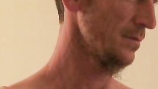 Skinny mature amateur is jerking off his big cock and cums