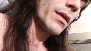 Long haired straight thug releases cum after stroking it