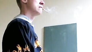 Solo jerking and cum showering while smoking by young Jason