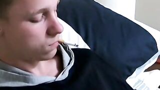 Solo jerking and cum showering while smoking by young Jason