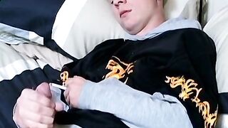 Solo jerking and cum showering while smoking by young Jason