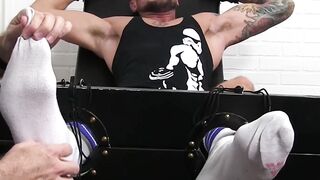 Toe touching and tickles with a muscular tied up buff hunk