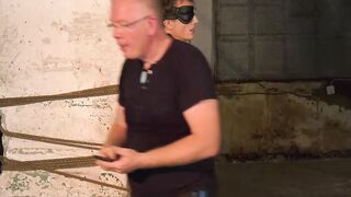 Bound blindfolded twink slave receives handjob from master