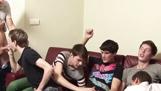 Twinks are sucking and fucking each other in bareback orgy
