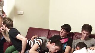 Twinks are sucking and fucking each other in bareback orgy