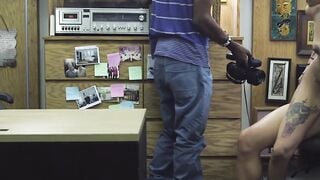 Blonde amateur sucks cock at pawnshop while voyeur watches