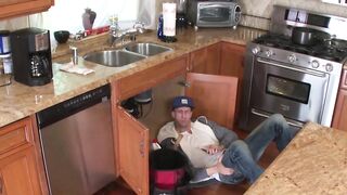 Naughty petite teen rides a huge long plumbers dick