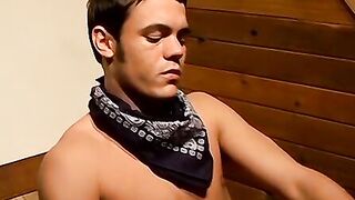 Athletic straight thug jerks off his big cock and cums solo