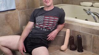 Brunette military Jaxon with enjoys a solo masturbation with multiple toys