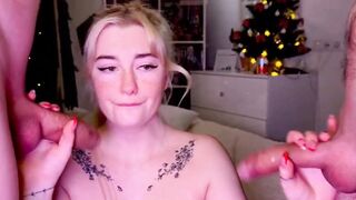 Blonde Bombshell Sucking Both Cocks at The Same Time