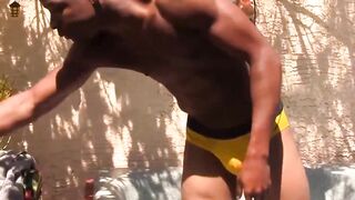SwingYourBalls.com - Gay jock tugs his thick black cock and balls solo in the pool
