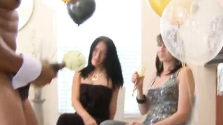 Cute blonde babe blows hard BBC stripper cock at CFNM party
