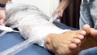 The hairy dude restrained and punished jock Luca R in an intense feet tickling tormen