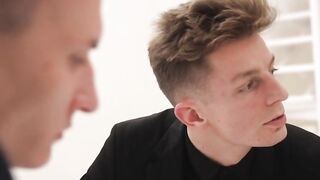 Blonde secretary feasts on two cocks at work