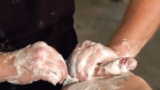 Bound gay twink shaved and jacked off by mature master