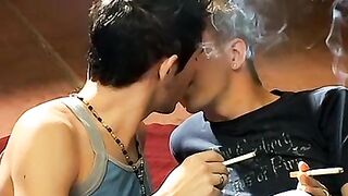 Hardcore smokers Jayden Taylor and Kayden Daniels swap blowjobs in a smoky room