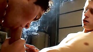 Hardcore smokers Jayden Taylor and Kayden Daniels swap blowjobs in a smoky room