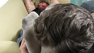 Handsome gay Chase Lachance tied up for sensual feet licking