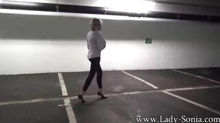 Lady Sonia flashing then masturbates inside the forest
