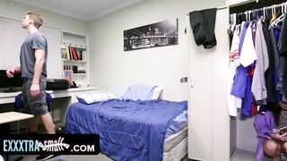 Small Skinny Dark Hair Sneaks In Football Player's Dorm Room And Gets Disciplined By His Big Dick