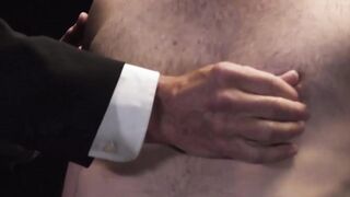 Hairy Maxx Monroe jerks dick while getting dildo fuck with suited master Matthew Figa