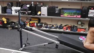 Kinky ebony cutie fucked hard doggystyle in pawnshop office