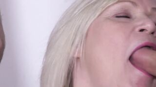 Blonde grandma Lacey Starr cum sprayed all over her big tits