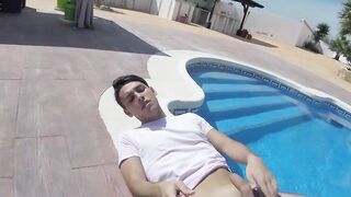 Young amateur strokes his dick and cums loads by the pool