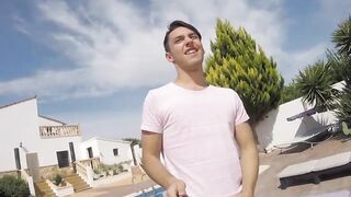 Young amateur strokes his dick and cums loads by the pool