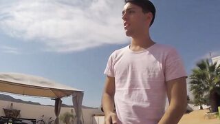 Young amateur strokes his dick and cums loads by the pool