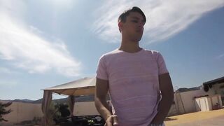 Young amateur strokes his dick and cums loads by the pool
