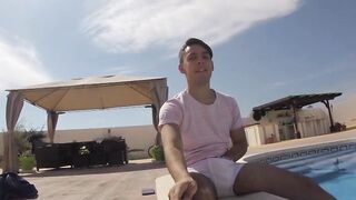 Young amateur strokes his dick and cums loads by the pool