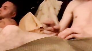 Two amateur freaks jerk off together in a cheap motel room