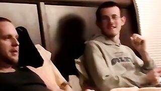 Two amateur freaks jerk off together in a cheap motel room