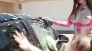 Carwash TS babes Gracie and Jayne analed by customer