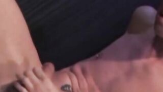 His legs spread, his hard cock bouncing back and forth, open and wide for his top, wh