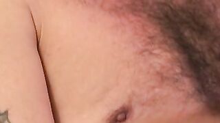 Hairy stud strips during interview and tugs on his hard dick