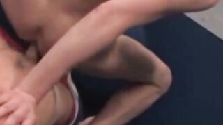 Over on the wrestling mat, RSS exclusive Taurus, in a tight blue singlet, and Julien