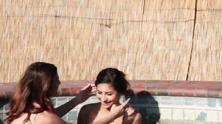 Two charming teens have steamy lesbian session in the pool