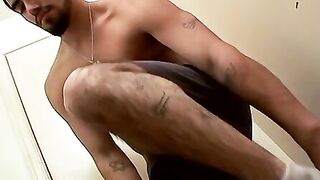 Hairy thug jerks off and cums hard after teasing and smoking
