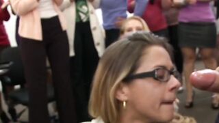 Sexy glasses babe deepthroating rock hard cock at wild party