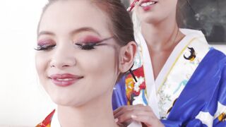 Asian teen Christy Love eating lesbian pussy in kimono 69