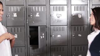 Lesbian schoolgirls engage in wild finger banging threesome