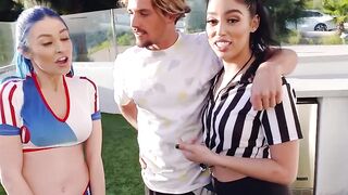 Sporty teens covered in white cum after hardcore foursome
