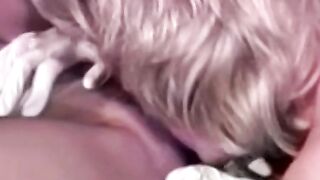 Blonde lesbian takes two toys in her tight pussy and ass